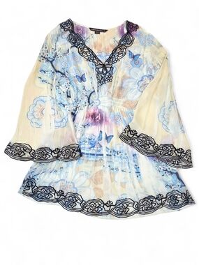 Mushka by Sienna Rose Boho Pleated Bell Sleeve Butterfly Top Lace Size L EUC